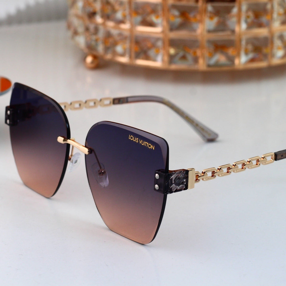 Chain Glow Rimless Sunglasses with Metal Chain Detail (Model 3400)