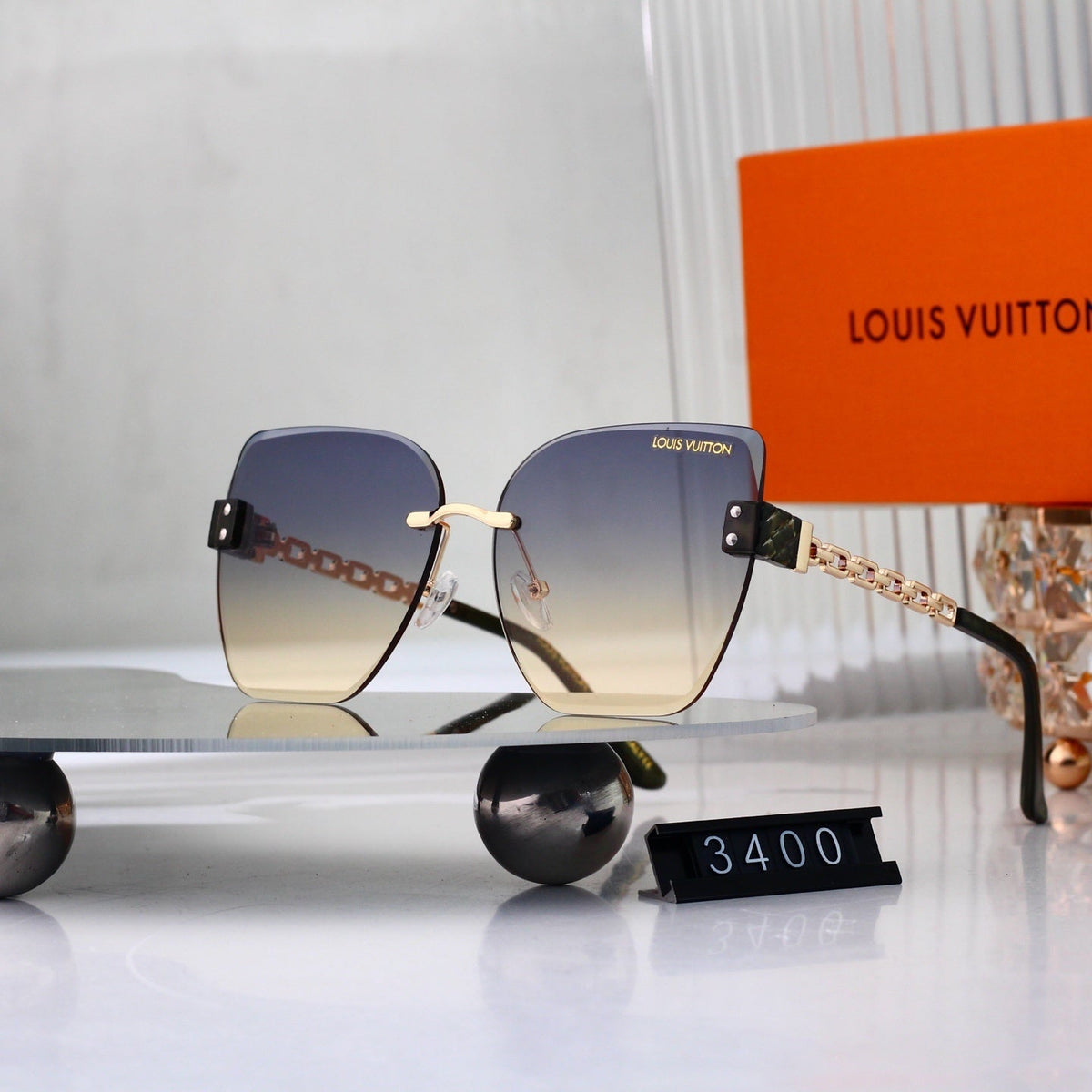 Chain Glow Rimless Sunglasses with Metal Chain Detail (Model 3400)